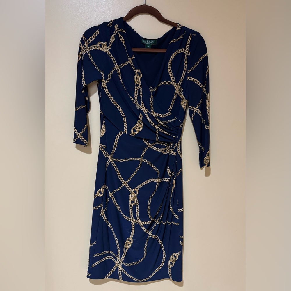 Ralph Lauren Navy Wrap-Style Dress with Gold Chain Print